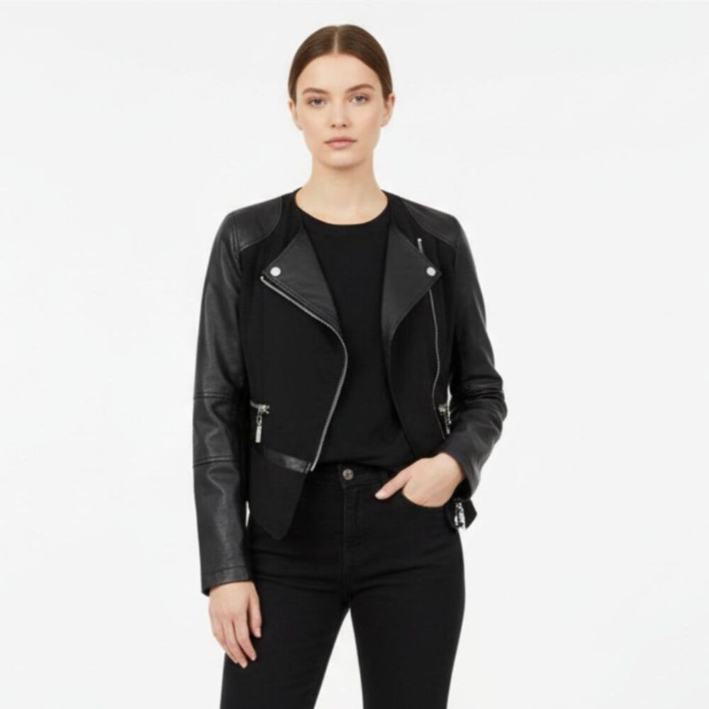 Cache Black Vegan Faux Leather Cropped Collarless Moto Zip Jacket XS